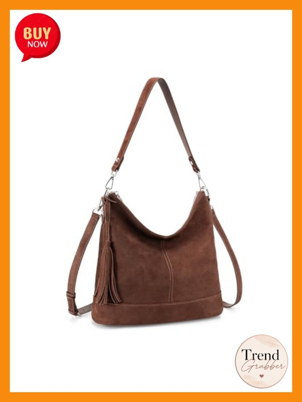 Genuine Leather Hobo Crossbody Bag, Soft Real Suede, Fringe, Dual Removable